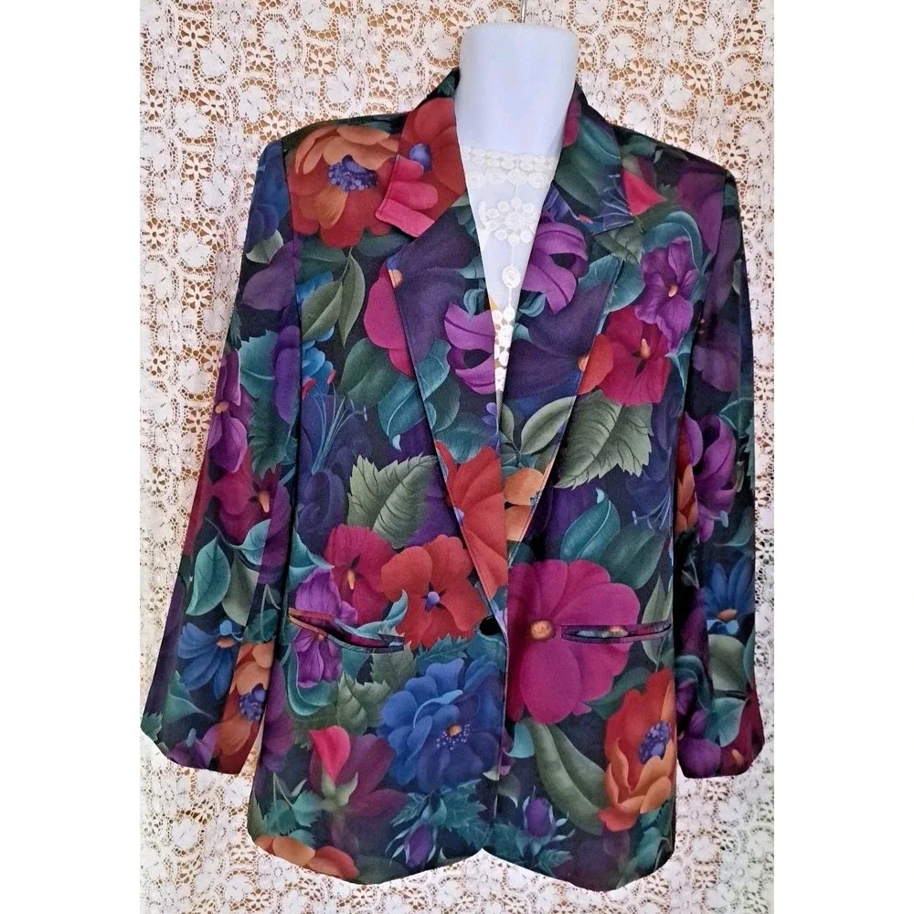 Alfred Dunner‎ Blazer 14 Purple Floral USA Made One Button Lined Pockets Career